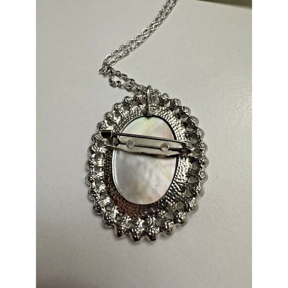 Vintage Abalone Cameo Pendant Brooch w Rhinestones on 24 Inch Silver Tone Chain - Picture 3 of 8